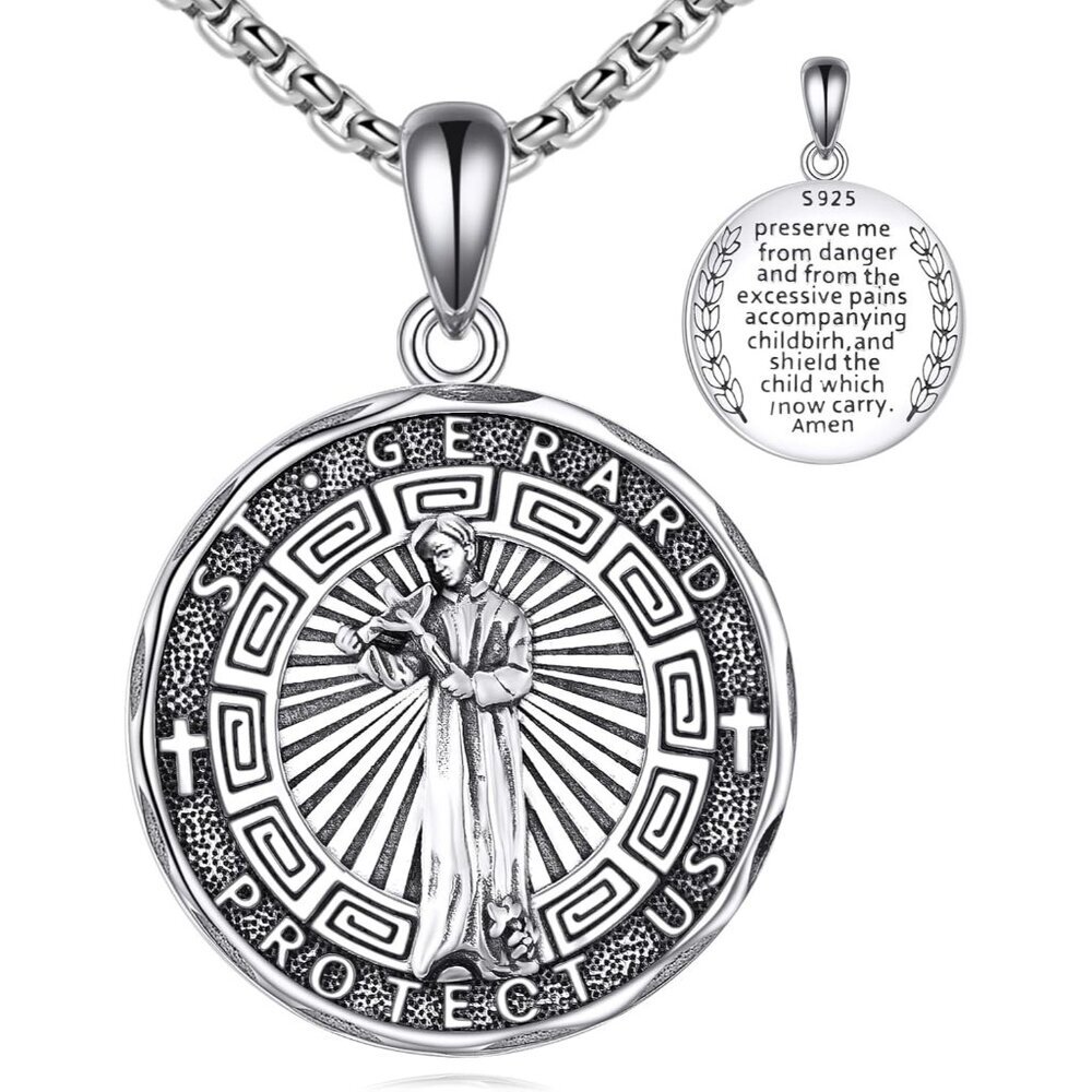 Sterling Silver Saint Gerard Necklace Pendant 24in with Engraving, Religious Gif